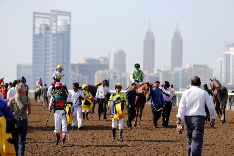 Dubai, United Arab Emirates - November 01, 2019: Jockey Jesus Rosales after the ASCANA race on the opening meeting at Jebel Ali racecourse. Friday the 1st of November 2019. Jebel Ali racecourse, Dubai. Chris Whiteoak / The National