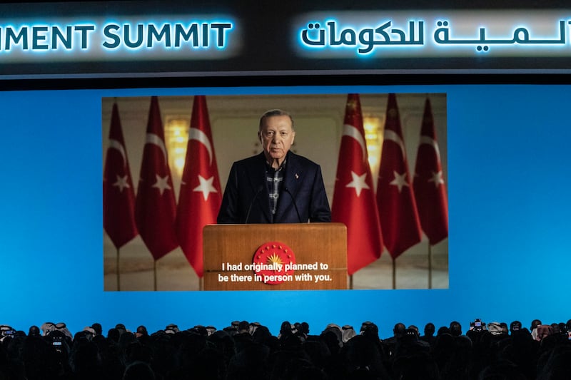 Turkish President Recep Tayyip Erdogan addresses the World Government Summit in Dubai via video link. Antonie Robertson/The National


