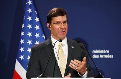 FILE PHOTO: U.S. Defense Secretary Mark Esper is seen at a news briefing held with French Defense Minister Florence Parly (not pictured) in Paris, France, September 7, 2019. REUTERS/Christian Hartmann/File Photo