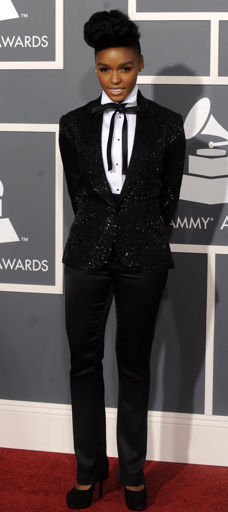 Janelle Monae, wering a sequinned suit jacket, arrives at the 53rd Annual Grammy Awards on February 13, 2011.  EPA