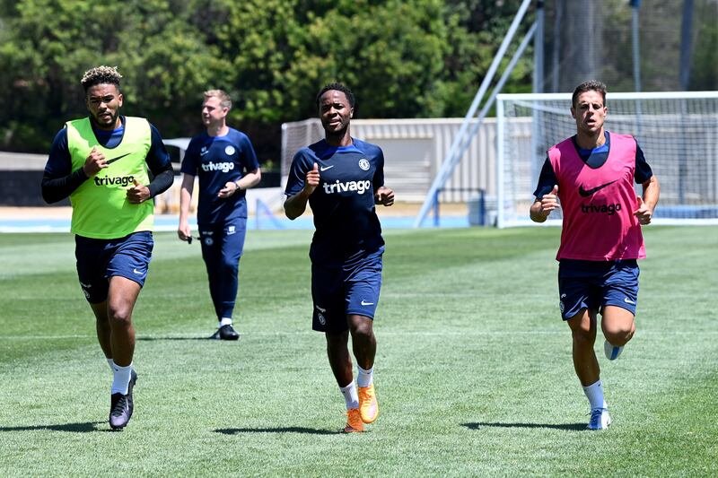 Reece James, Raheem Sterling and César Azpilicueta of Chelsea during a training session at Drake Stadium UCLA Campus in Los Angeles, California.