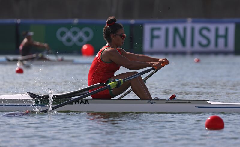 Sarah Fraincart of Morocco competes in the women's single skulls.