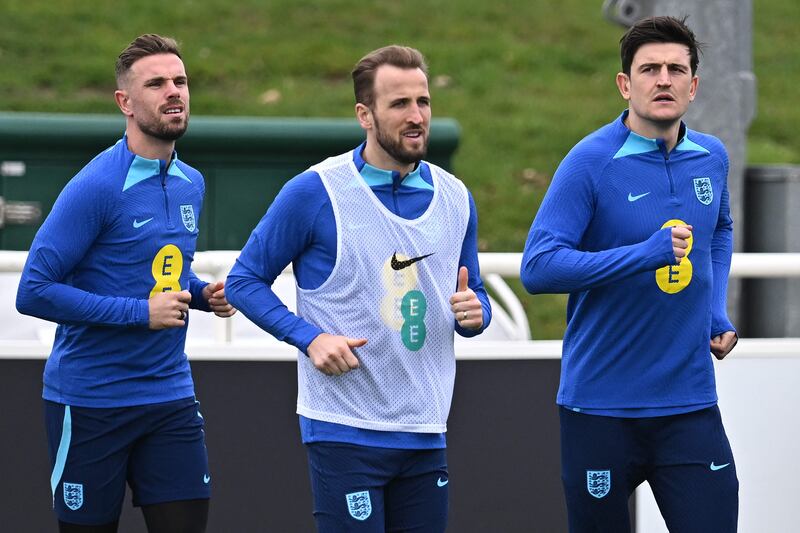 Left to right: England's Jordan Henderson, Harry Kane and Harry Maguire during training at St George's Park in Burton-on-Trent, on March 21, 2023, ahead of their Euro 2024 qualifier against Italy. AFP