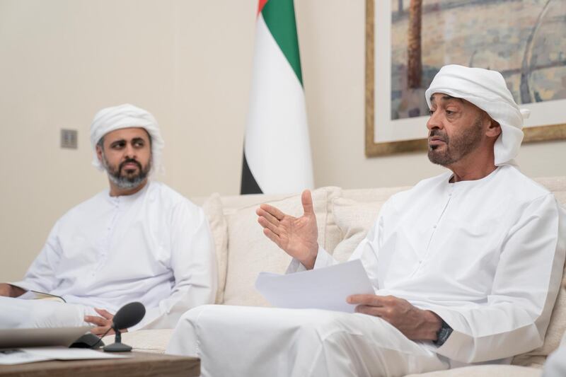 ABU DHABI, UNITED ARAB EMIRATES - May 03, 2020: HH Sheikh Mohamed bin Zayed Al Nahyan, Crown Prince of Abu Dhabi and Deputy Supreme Commander of the UAE Armed Forces (R), participates in an online lecture by HE Mariam Mohamed Saeed Hareb Al Mehairi, UAE Minister of State for Food Security, titled “ Nourishing the Nation: Food Security in the UAE ”. The lecture was broadcast on Al Emarat Channel as part of the Ramadan lecture series of Majlis Mohamed bin Zayed. Seen with HH Sheikh Theyab bin Mohamed bin Zayed Al Nahyan, Abu Dhabi Executive Council member and Chairman of the Abu Dhabi Crown Prince Court (CPC) (L).

( Rashed Al Mansoori / Ministry of Presidential Affairs )
---