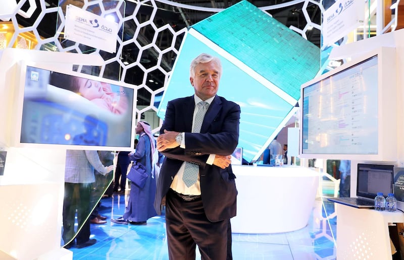 DUBAI, UNITED ARAB EMIRATES , Jan 29  – 2020 :- Dr Gareth Goodier, CEO of SEHA at the SEHA stand at the Arab Health conference held at Dubai World Trade Centre in Dubai. ( Pawan  Singh / The National ) For News/Online. Story by Daniel Sanderson 