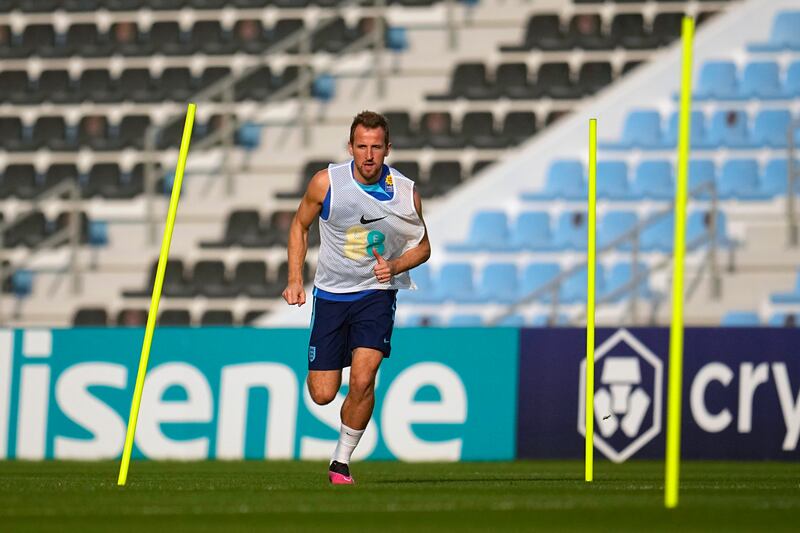 England's Harry Kane takes part training at the Al Wakrah Sports Complex on Wednesday, December 7, 2022. AP