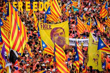 Demonstrators demand freedom for Catalan jailed leader Oriol Junqueras at a protest in September. AFP