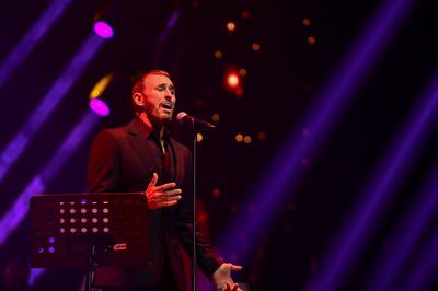 Iraqi singer Kadim Al Sahir performs at the Eid concert held at Etihad Arena, Yas Island. Khushnum Bhandari / The National
