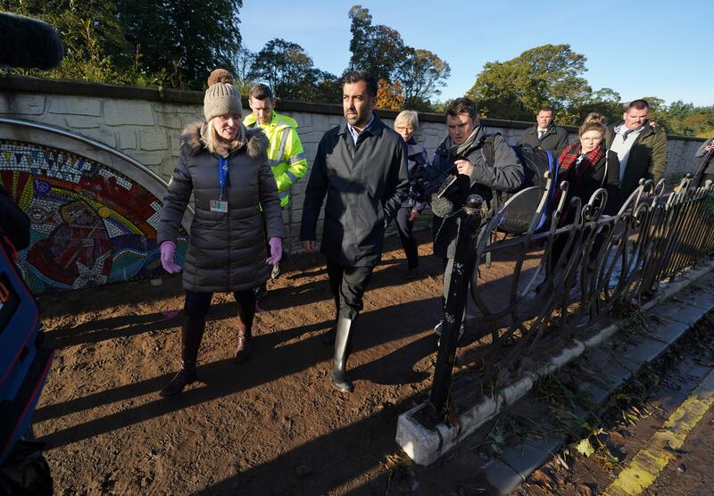 First Minister Humza Yousaf during a visit to River Street in Brechin, Scotland, after flooding caused by Storm Babet. PA