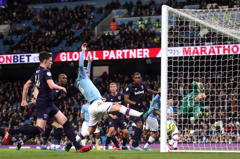 Manchester City's Rodri scores the first goal. Reuters