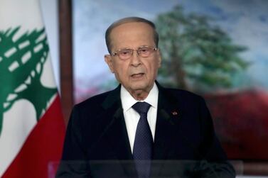 In this image made from UNTV video, Michel Aoun, President of Lebanon, speaks in a pre-recorded message which was played during the 75th session of the United Nations General Assembly, Wednesday, Sept. 23, 2020, at UN headquarters. (UNTV via AP)