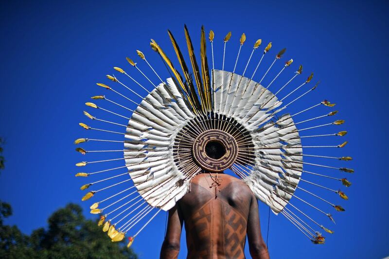 A Brazilian indigenous man at the Acampamento Terra Livre (Free Land Camp) in Brasilia, Brazil. Carl De Souza / AFP