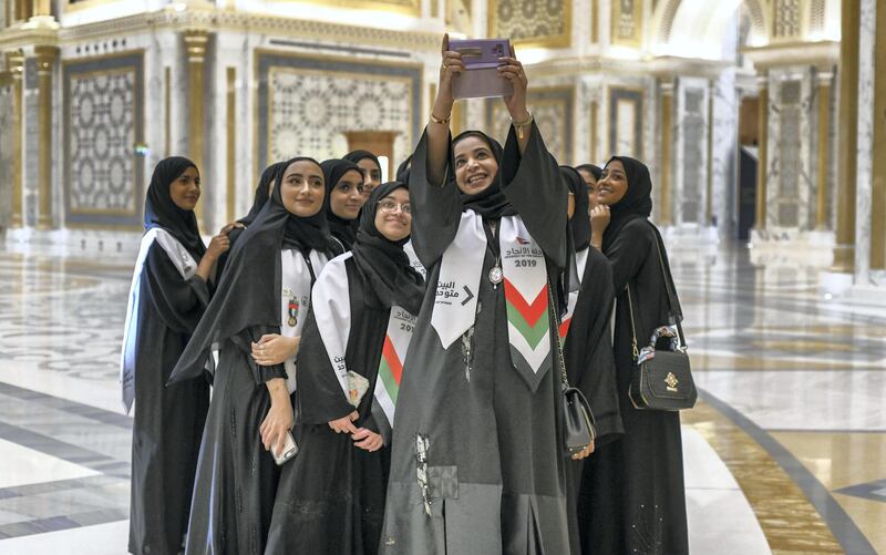 Abu Dhabi, United Arab Emirates - Fourteen girls are chosen, two from each Emirate to travel across the United Arab Emirates on a journey of national identity, at Qasr Al Watan. Khushnum Bhandari for The National