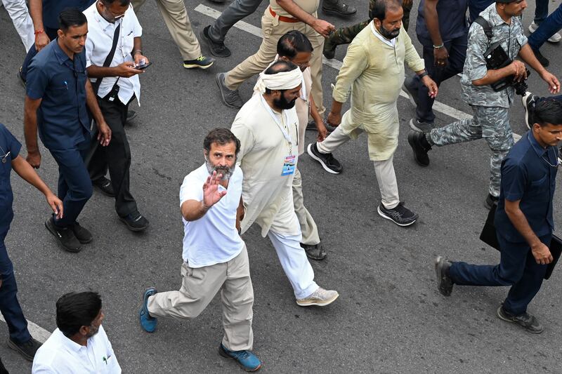 Rahul Gandhi marches on the outskirts of Hyderabad in 2022. AFP