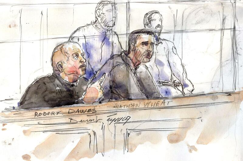 (FILES) This file photograph taken on December 21, 2018, shows a court sketch of defendant Briton Robert Dawes (L) and co-accused Nathan Wheat (R) at a courthouse in Paris, on the last day of a two-week trial for drug trafficking. A Briton sentenced by a French court to a 22-year jail term for drug-trafficking is seeking to have his conviction overturned on the grounds police allegedly used forged documents, according to his complaint seen by AFP on April 7, 2021, Robert Dawes, 48, who had denied the charges, was arrested at his luxury villa on the Spanish Costa del Sol in 2015 following a lengthy investigation by the authorities in Britain, France, Spain and South America.
 - 
 / AFP / Benoit PEYRUCQ
