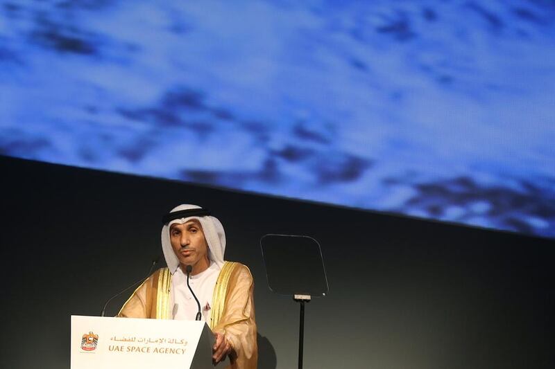 Dr Mohammed Al Ahbabi, director general of the UAE Space Agency, speaks at the ceremony. Delores Johnson / The National
