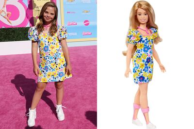 Sofia Sanchez wore a replica of the dress worn by Barbie with Down syndrome during the movie's Los Angeles premiere. Photos: Reuters / Mattel