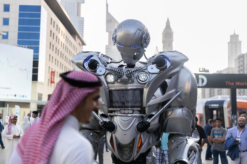DUBAI, UNITED ARAB EMIRATES - OCTOBER 14, 2018. 

A robot interacts with the visitors at Gitex Technology Week at DWTC.

(Photo by Reem Mohammed/The National)

Reporter: 
Section:  NA