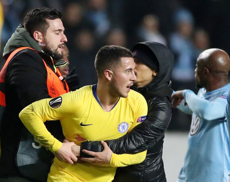 Soccer Football - Europa League - Round of 32 First Leg - Malmo FF v Chelsea - Swedbank Stadion, Malmo, Sweden - February 14, 2019  A pitch invader with Chelsea's Eden Hazard after the match               Action Images via Reuters/Peter Cziborra