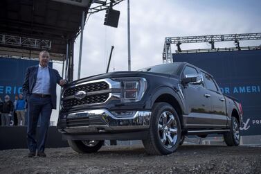 Ford Motors executive chairman Bill Ford poses for a photo with the 2021 Ford F-150 King Ranch Truck at the Dearborn Truck Plant. AFP