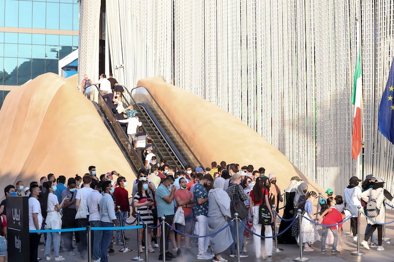 Long lines outside the Italy Pavilion at Dubai Expo. Khushnum Bhandari/ The National