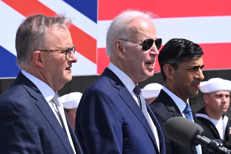 From left, Australian Prime Minister Anthony Albanese, US President Joe Biden and UK Prime Minister Rishi Sunak at a naval base in San Diego, California, on Monday. AP