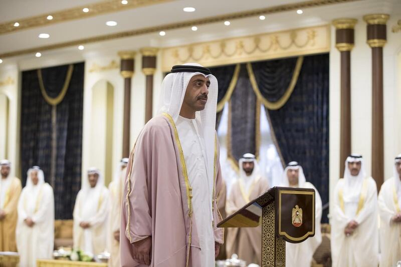 Sheikh Abdullah bin Zayed, Minister of Foreign Affairs and International Cooperation, gives an oath during a swearing-in ceremony for the Cabinet ministers.