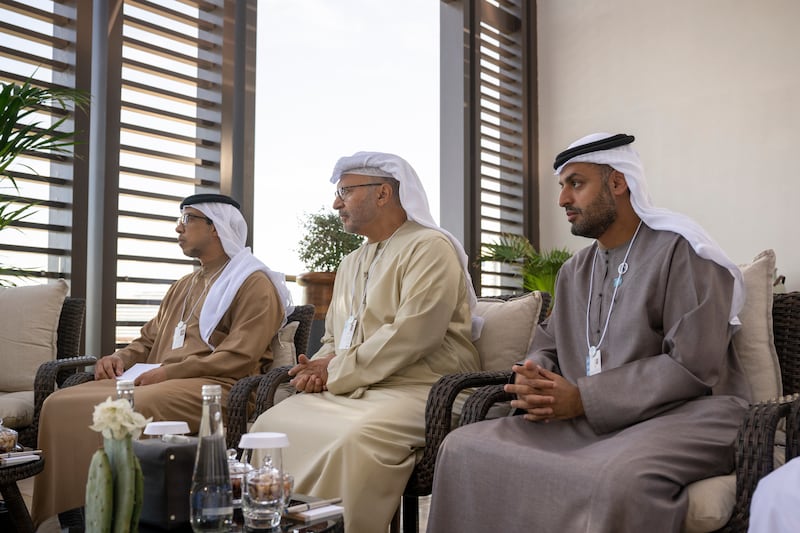 Sheikh Mansour, Dr Anwar Gargash, Diplomatic Adviser to the UAE President, and Sheikh Mohammed bin Hamad bin Tahnoon, Private Affairs Adviser in the Presidential Court, attend meetings during the World Government Summit