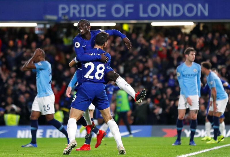 Chelsea midfielder N'Golo Kante celebrates scoring the first goal against Manchester City. Reuters