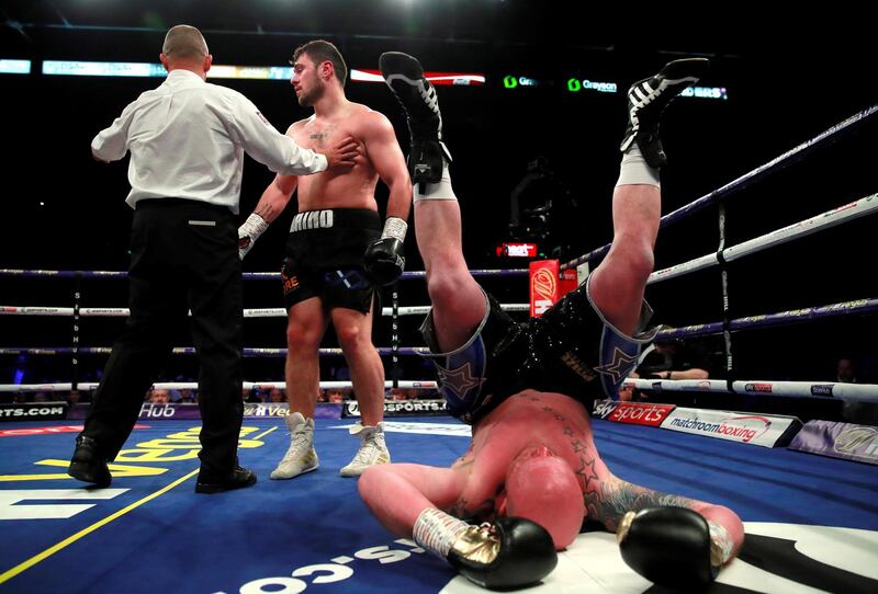 Dorian Darch is knocked out by Dave Allen during their fight at he FlyDSA Arena in Sheffield, England, on Saturday, February 8. Reuters