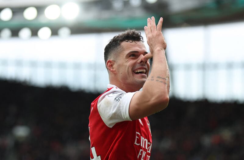 Granit Xhaka celebrates scoring Arsenal's third goal. Reuters