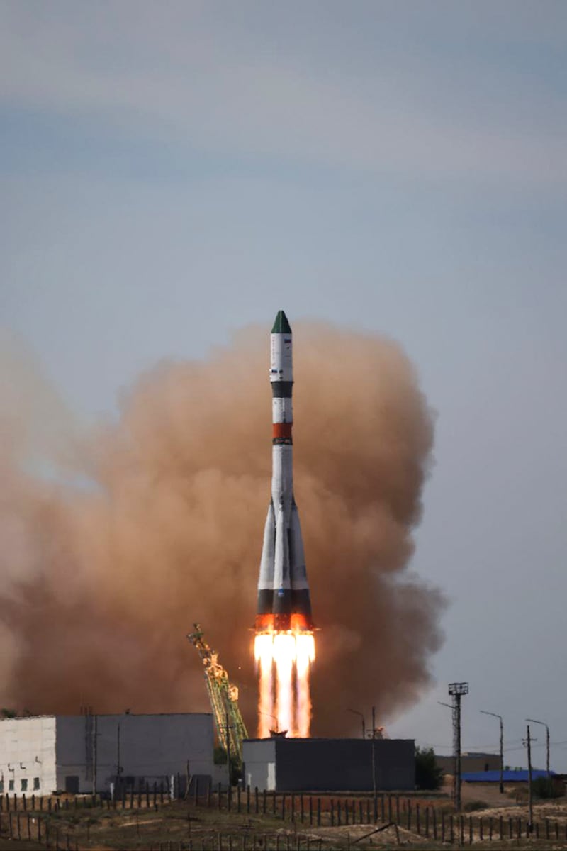 The Soyuz rocket blasts off from the Baikonur Cosmodrome. The last Nasa astronaut to take a Soyuz to the ISS was Mark Vande Hei in 2021. AP