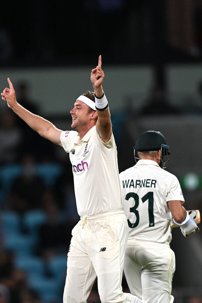 England bowler Stuart Broad celebrates taking the wicket of opener David Warner for a duck in Australia's second innings. Getty
