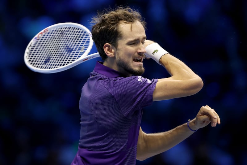 Daniil Medvedev of Russia returns a shot to Novak Djokovic during the ATP Finals in Turin, Italy. Getty