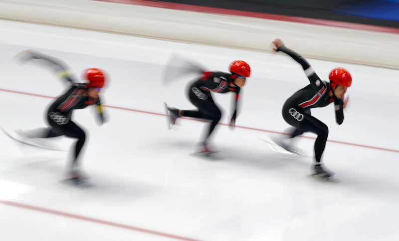 China's women's team competes during the ISU single distance Speedskating World Championships in Inzell, Germany. AP Photo