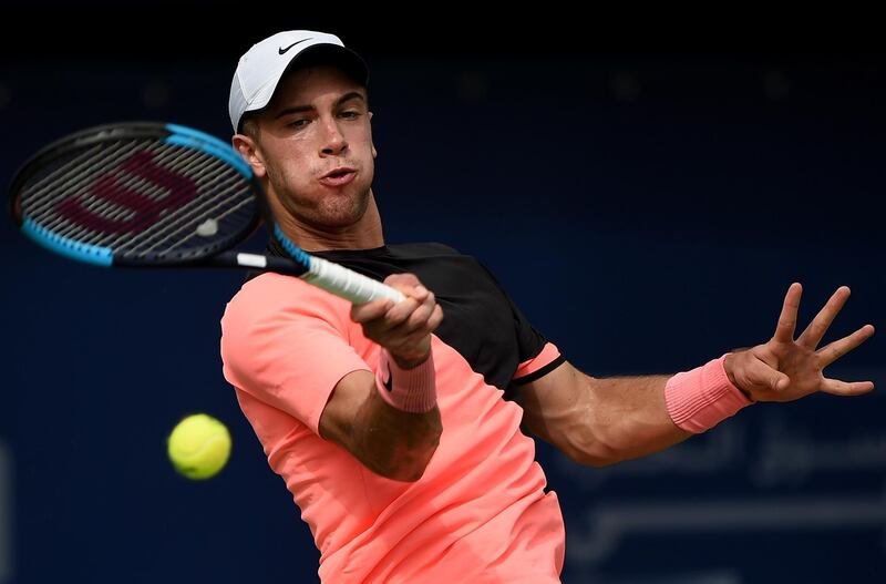 DUBAI, UNITED ARAB EMIRATES - FEBRUARY 27:  Borna Coric of Croatia plays a forehand during his match against Richard Gasquet of France on day two of the ATP Dubai Duty Free Tennis Championships at the Dubai Duty Free Stadium on February 27, 2018 in Dubai, United Arab Emirates.  (Photo by Tom Dulat/Getty Images)