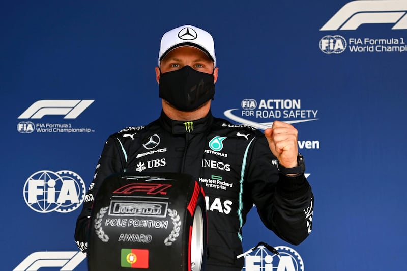 Mercedes driver Valtteri Bottas clocked the fastest time during the qualifying session for Portuguese GP at the Algarve International Circuit near Portimao on Saturday. AP