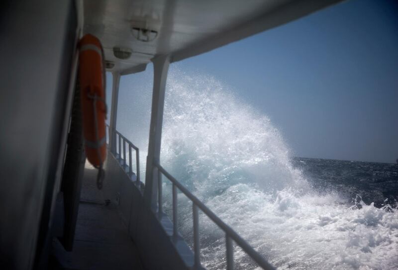 May 26, 2011 - The rough waters of the Arabian Gulf are seen from the rear of a ship during a voyage from Sharjah to Sir Bu Na'yr island. The rough seas caused many fisherman in the area to seek refuge off the coast of Sir Bu Na'yr island. Pawel Dwulit / The National
