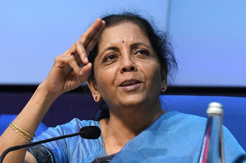 epa07841861 Indian Finance Minister Nirmala Sitharaman speaks during a press conference in New Delhi, India, 14 September 2019. According to news reports, in wake of the ongoing economic slowdown, the Finance Minister announced several measures to boost the exports and housing sectors.  EPA/STR