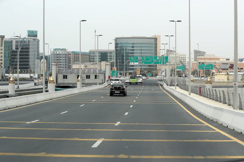 DUBAI, UNITED ARAB EMIRATES , April 11 – 2020 :-  Very less traffic on the Floating bridge going towards Deira Dubai. Dubai is conducting 24 hours sterilisation programme across all areas and communities in the Emirate and told residents to stay at home. UAE government told residents to wear face mask and gloves all the times outside the home whether they are showing symptoms of Covid-19 or not. (Pawan Singh/The National) For News/Online/Instagram/Standalone