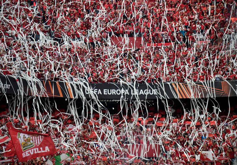 Sevilla fans cheer their team to victory over Juventus in the Europa League semi-final at the Ramon Sanchez Pizjuan stadium in Seville. AFP
