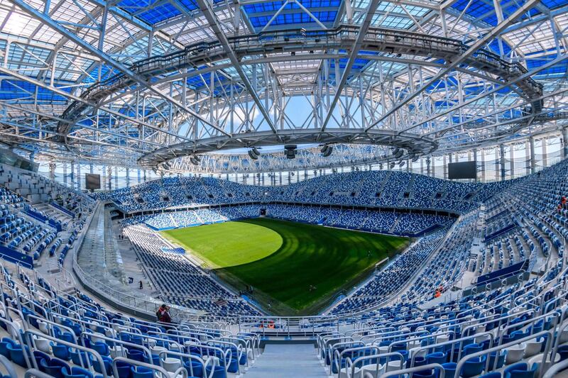 A photo shows an interior view of the Nizhny Novgorod Arena in Nizhny Novgorod on May 21, 2018. The stadium will host four group matches, round of 16 game and a quarter-final football match of the FIFA World Cup 2018. / AFP / Mladen ANTONOV
