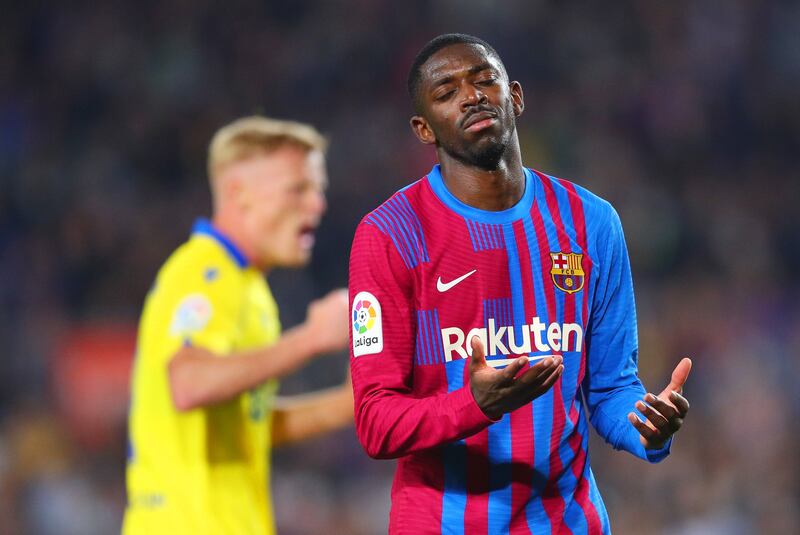 BARCELONA, SPAIN - APRIL 18: Ousmane Dembele of Barcelona reacts during the LaLiga Santander match between FC Barcelona and Cadiz CF at Camp Nou on April 18, 2022 in Barcelona, Spain. (Photo by Eric Alonso / Getty Images)