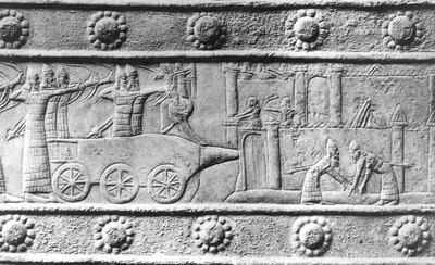 Circa 700 BC, Soldiers of the Assyrian army besieging a city, using a battering ram, on a wall-carving, Mesopotamia. (Photo by Hulton Archive/Getty Images)