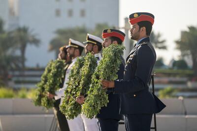 ABU DHABI, UNITED ARAB EMIRATES - November 30, 2017: Members of the UAE Armed Forces, participate, in a Commemoration Day ceremony at Wahat Al Karama, a memorial dedicated to the memory of UAE’s National Heroes in honour of their sacrifice and in recognition of their heroism.
( Hamad Al Kaabi / Crown Prince Court - Abu Dhabi )
---