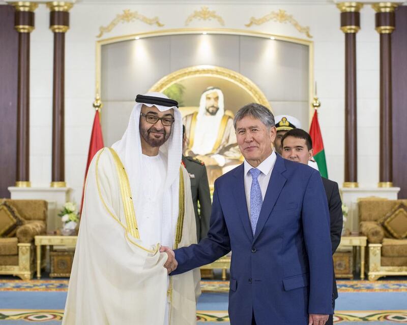 Sheikh Mohammed bin Zayed, Crown Prince of Abu Dhabi and Deputy Supreme Commander of the Armed Forces with Almazbek Atambayev, president of Kyrgyzstan. Ryan Carter / Crown Prince Court – Abu Dhabi 