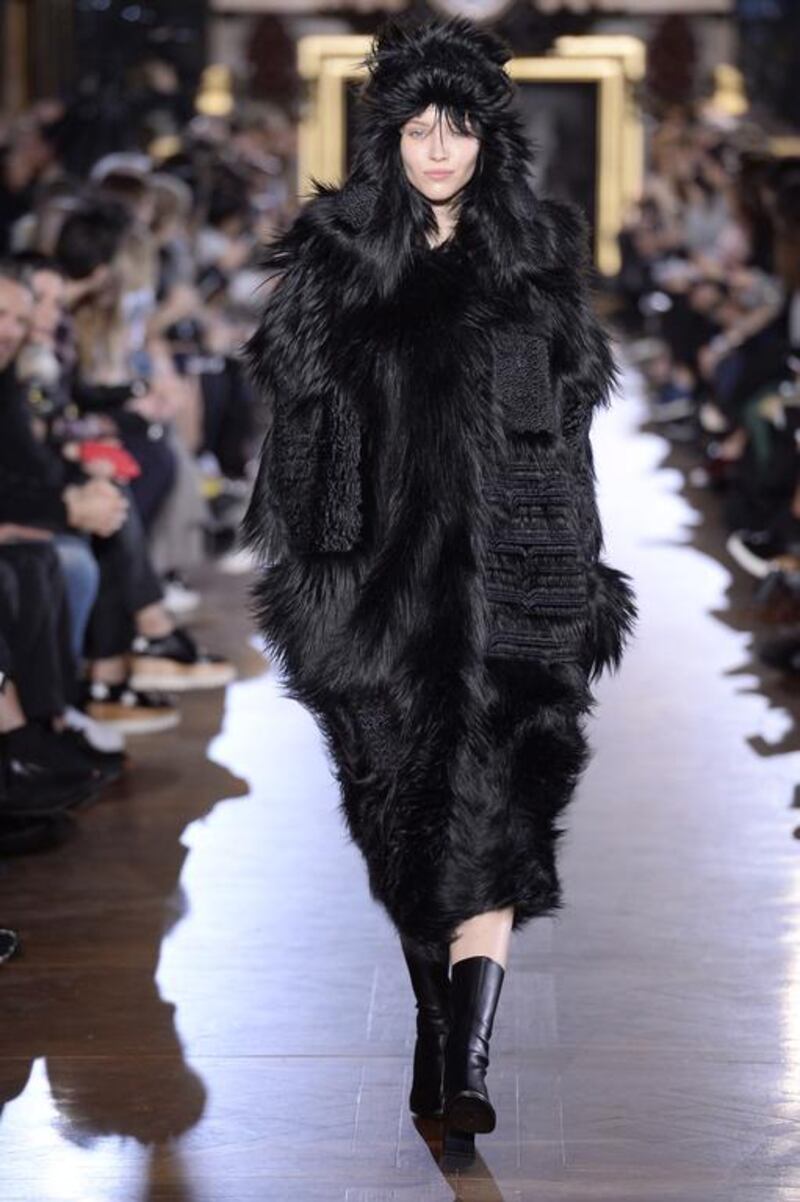 Stella McCartney debuted her faux-fur pieces during her autumn/winter 2015 show in Paris. To avoid confusion, all of the designer’s faux-fur pieces feature large, loosely sewn-on tags that spell out “Fur Free Fur”. Courtesy Stella McCartney