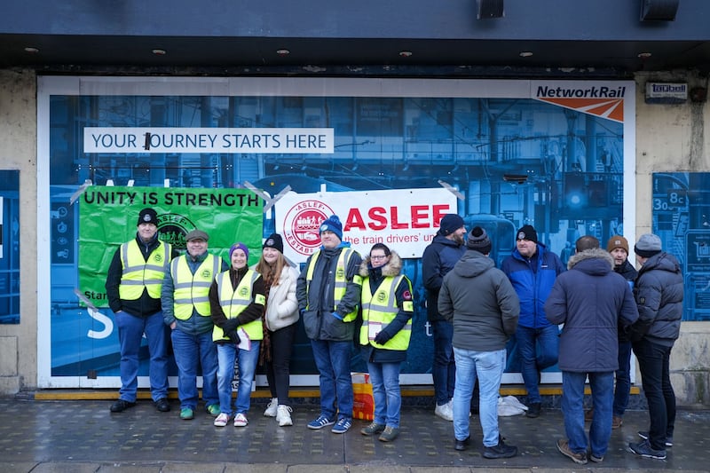Striking train drivers on a picket line outside Leeds railway station. Bloomberg