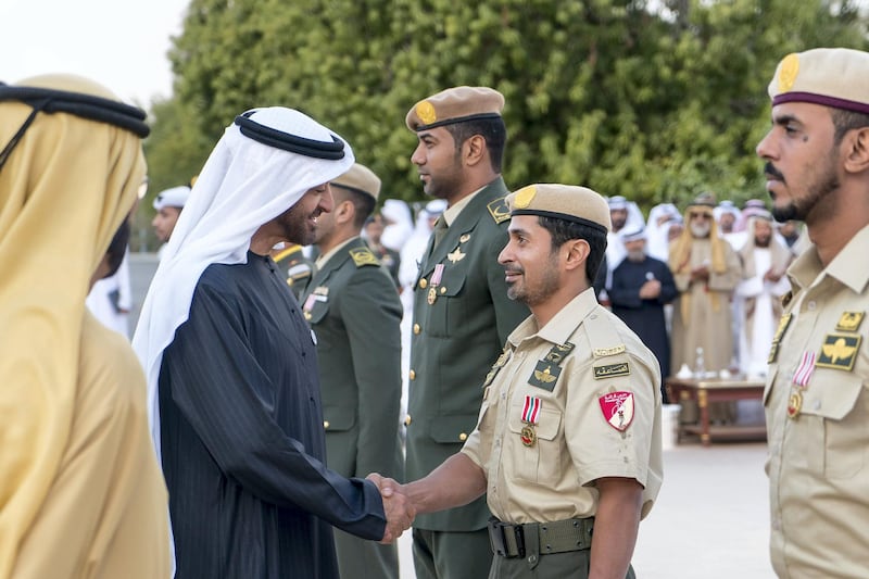 AL AIN, ABU DHABI, UNITED ARAB EMIRATES? - 34, 08, 2018: HH Sheikh Mohamed bin Zayed Al Nahyan, Crown Prince of Abu Dhabi and Deputy Supreme Commander of the UAE Armed Forces (2nd L), greets members of the UAE Armed Forces who have participated in operation 'Restoring Hope' in Yemen, during a barza at Al Maqam Palace.

( Rashed Al Mansoori / Crown Prince Court - Abu Dhabi )
---