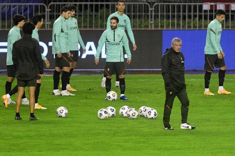 Portugal manager Fernando Santos, front right, at training. AFP